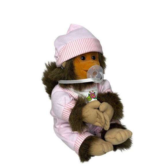 Vintage Hosung Plush Monkey Doll In Pink Pajamas & Hat 12 Inches With Pacifier - Picture 2 of 6